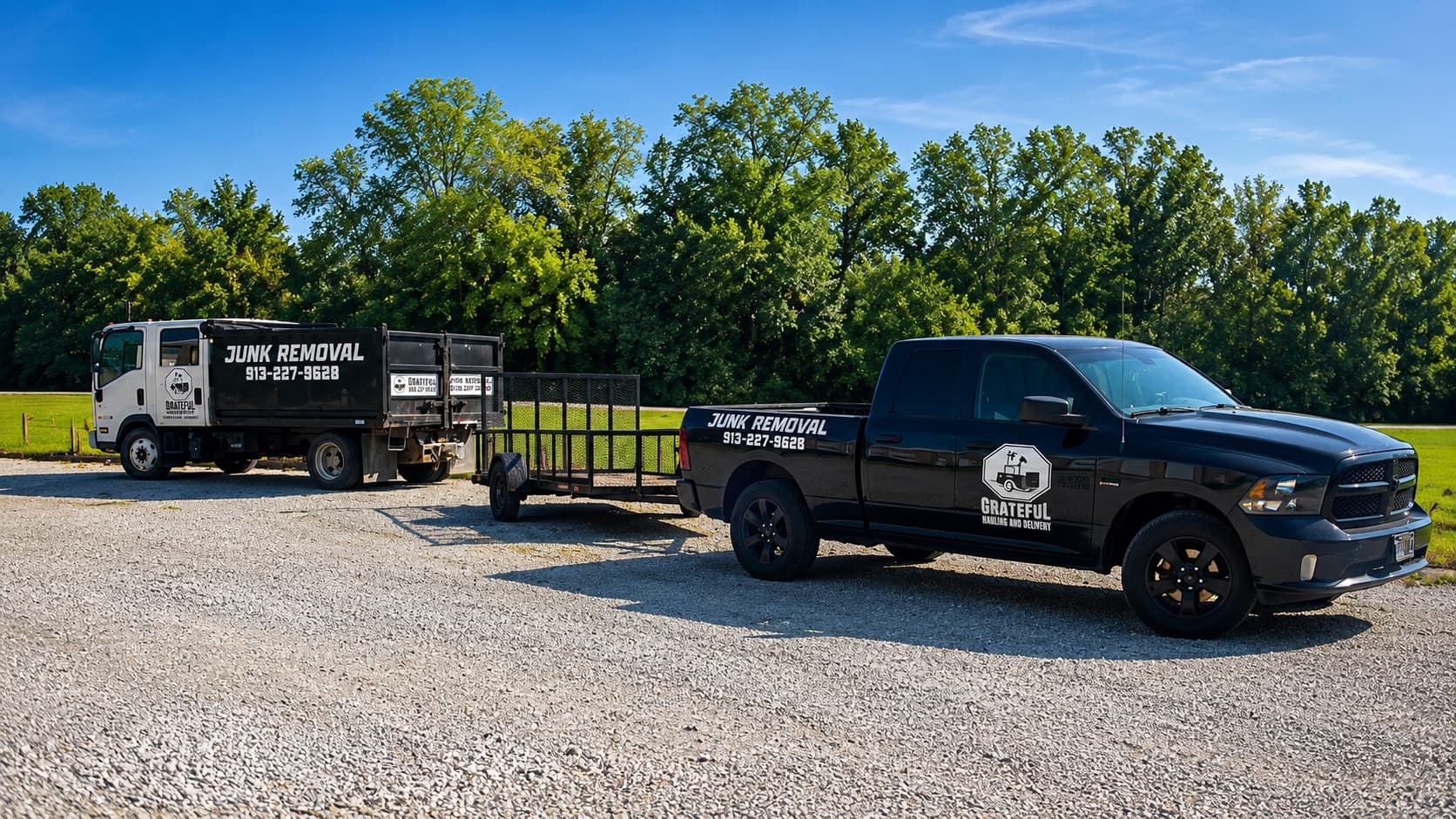 Grateful Hauling and Delivery trucks parked with a junk removal trailer in Kansas City